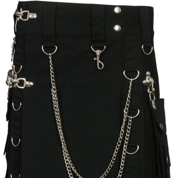 🖤 Men’s Black Utility Kilt w/ Chains & Cargo Pockets — Size 50 (NEW) - Picture 4 of 10